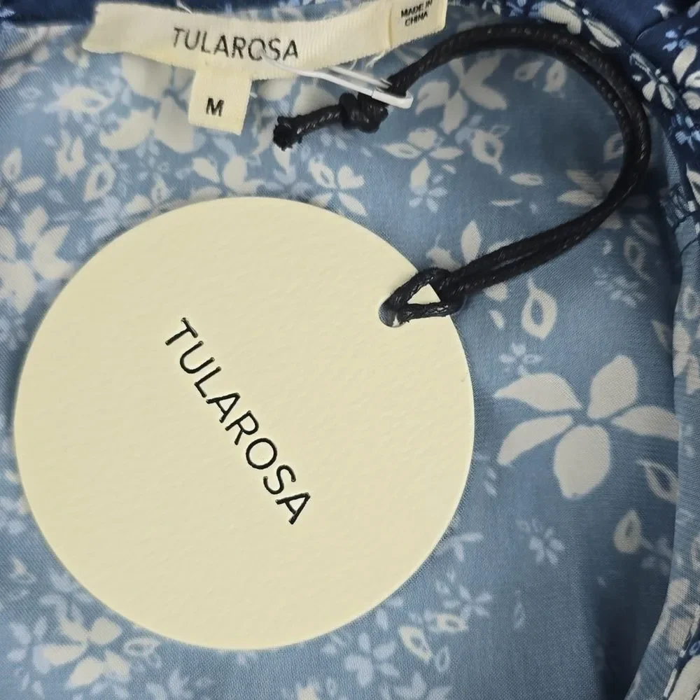 TULAROSA NWT Tanya Satin Blue Floral Cut-Out Ruffle Dress with Tie‎ front Medium